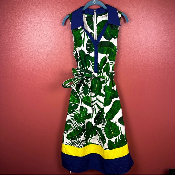 Alice + Olivia Margot Leaf Print Cotton Poplin Midi Dress size 2